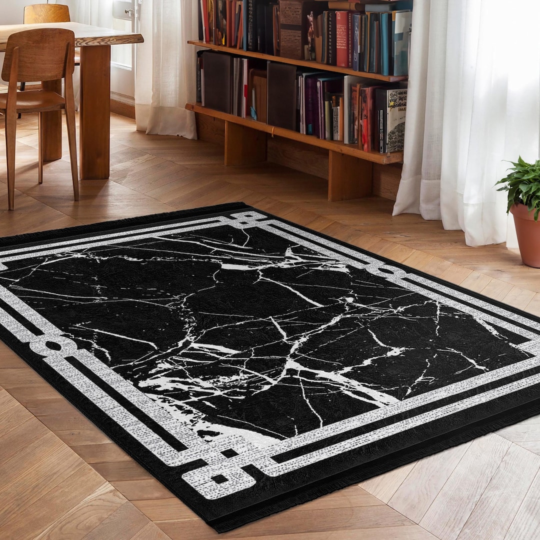Black Marble Design Area Rug - Geometric Frame Mat -non Slip High ...