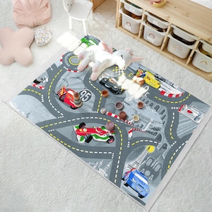 Race Track Adventure Rug - Kids Car Track Pattern Mat-Nursery Play Carpet-Vibrant Vehicle Area Rug-Gray Theme Accent Rug-Children&#39;s Room Mat