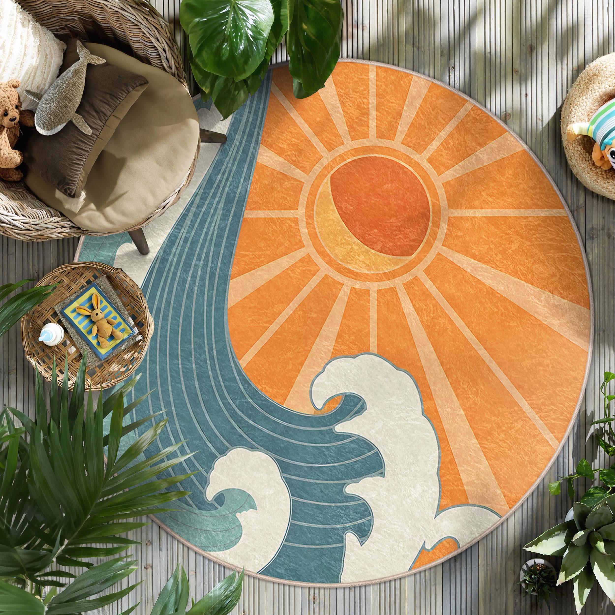 Sunburst Ocean Wave Kid's Room Round Rug -stylish Orange Blue Art