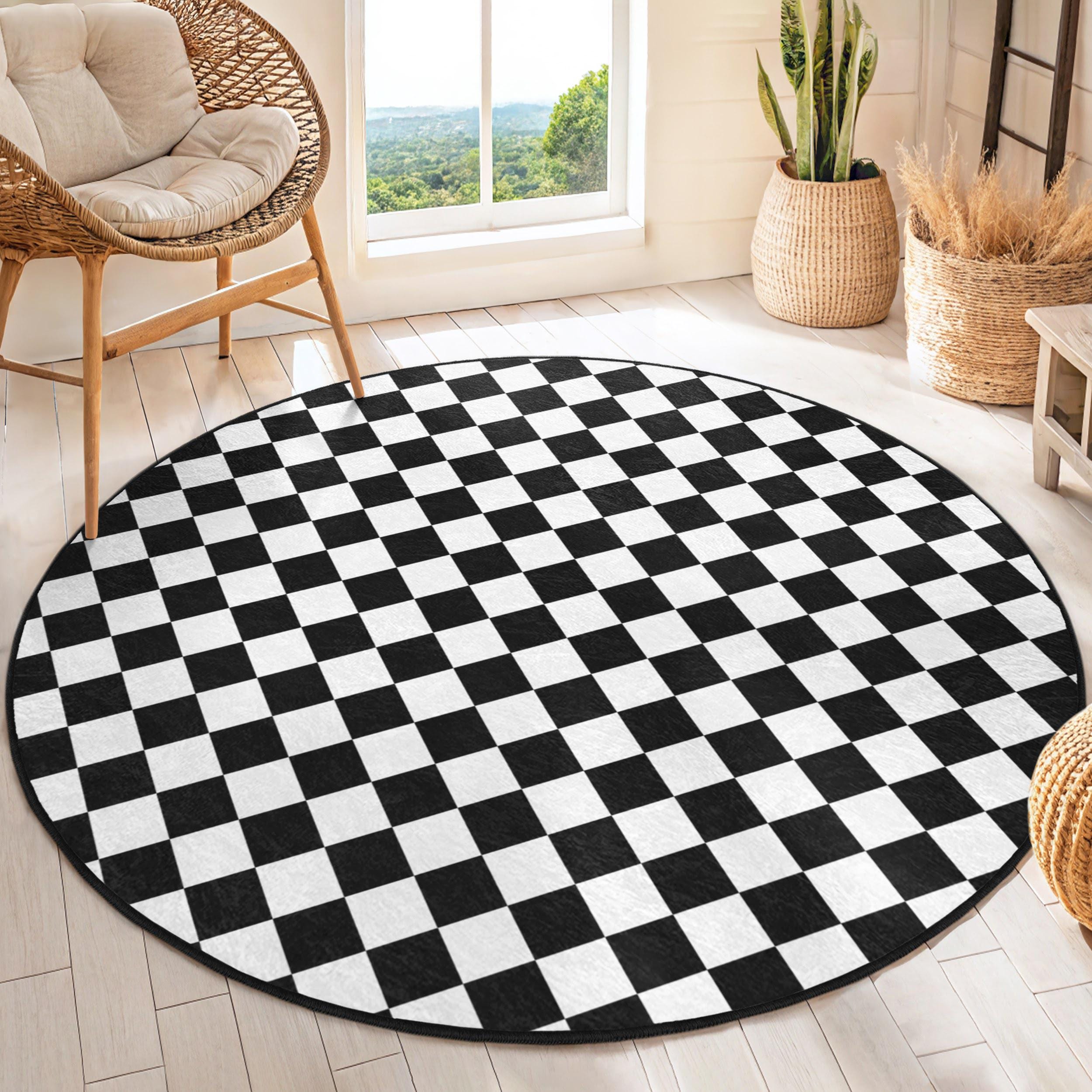 Checkered Black White Round Rug -geometric Square Pattern Circle Carpet ...