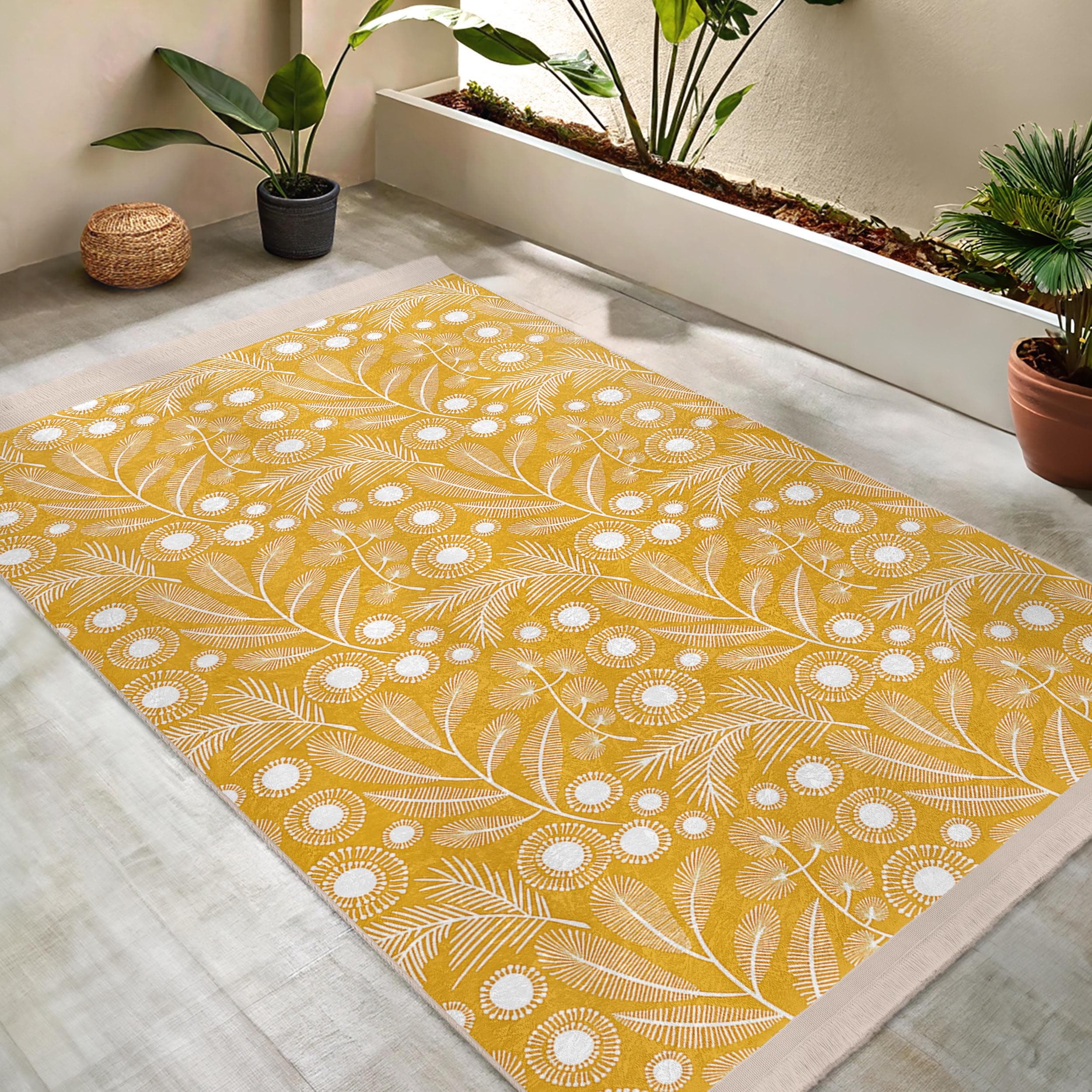 Yellow Floral Area Rug - White Bloom Design Rug - Modern Anti Slip