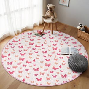 Tapis rond pour chambre d&#39;enfant papillons roses rouges - Tapis rond en mosaïque de papillons colorés - Tapis ovale pastel pour chambre d&#39;enfant - Tapis pour chambre d&#39;enfant rose