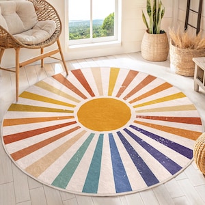 Radiant Sunburst Design Round Rug - Colorful Rays Circle Carpet ...