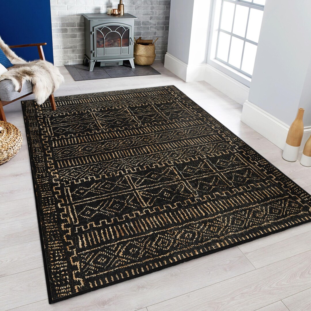Black Tribal Accent Rug - Intricate Geometric Design Mat - Gold Ethnic ...