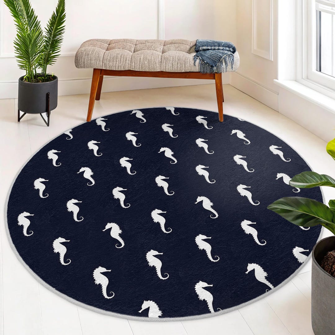 Seahorse Navy Blue Round Rug - Sea Life Pattern Circle Carpet ...