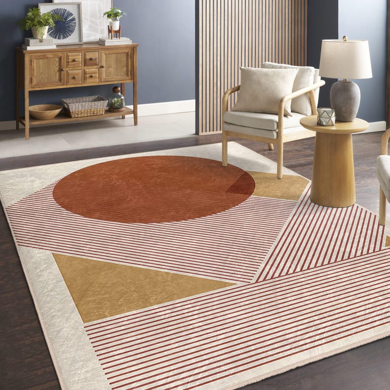 Personalizable Beige Area Rug - Circle Triangle Rug - Beige Fringed Mat Square Rug