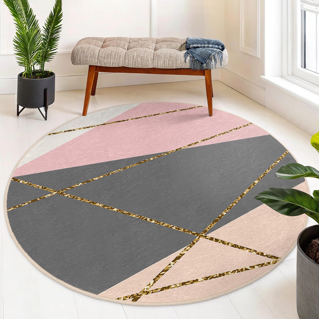 Mat Rug Circle Abstract Geometric Pastel Round Rug - Gold Line Pattern Circle Carpet ...