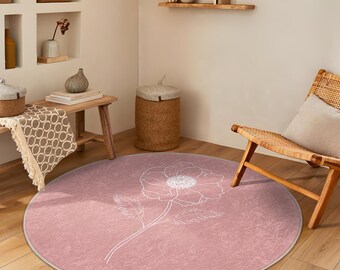 Floral Blush Pink Round Rug - White Flower Line Art Circle Mat