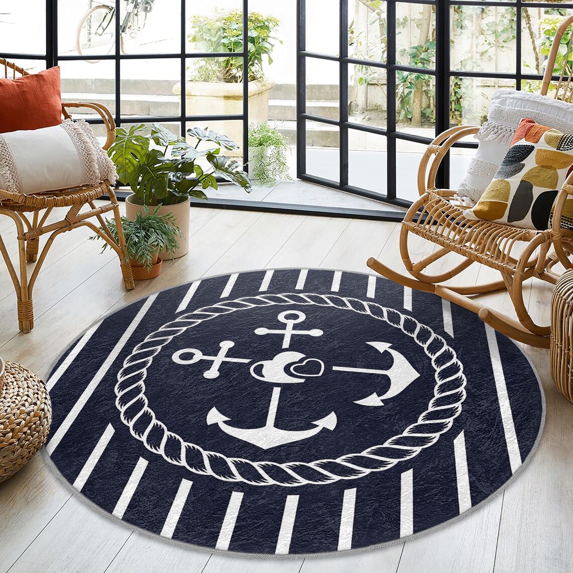 Nautical Anchor Design Round Rug - Navy Striped Nautical Pattern Circle ...