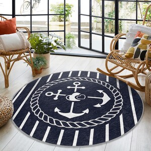 Nautical Anchor Design Round Rug - Navy Striped Nautical Pattern Circle ...