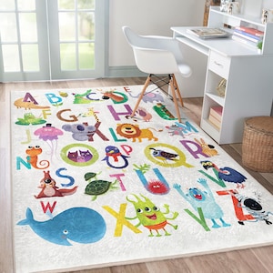 Alfombra infantil con monstruos del alfabeto - Alfombra de aprendizaje con animales de colores - Alfombra para habitación de niños - Alfombra divertida con monstruos - Alfombra decorativa vibrante para habitación de bebé
