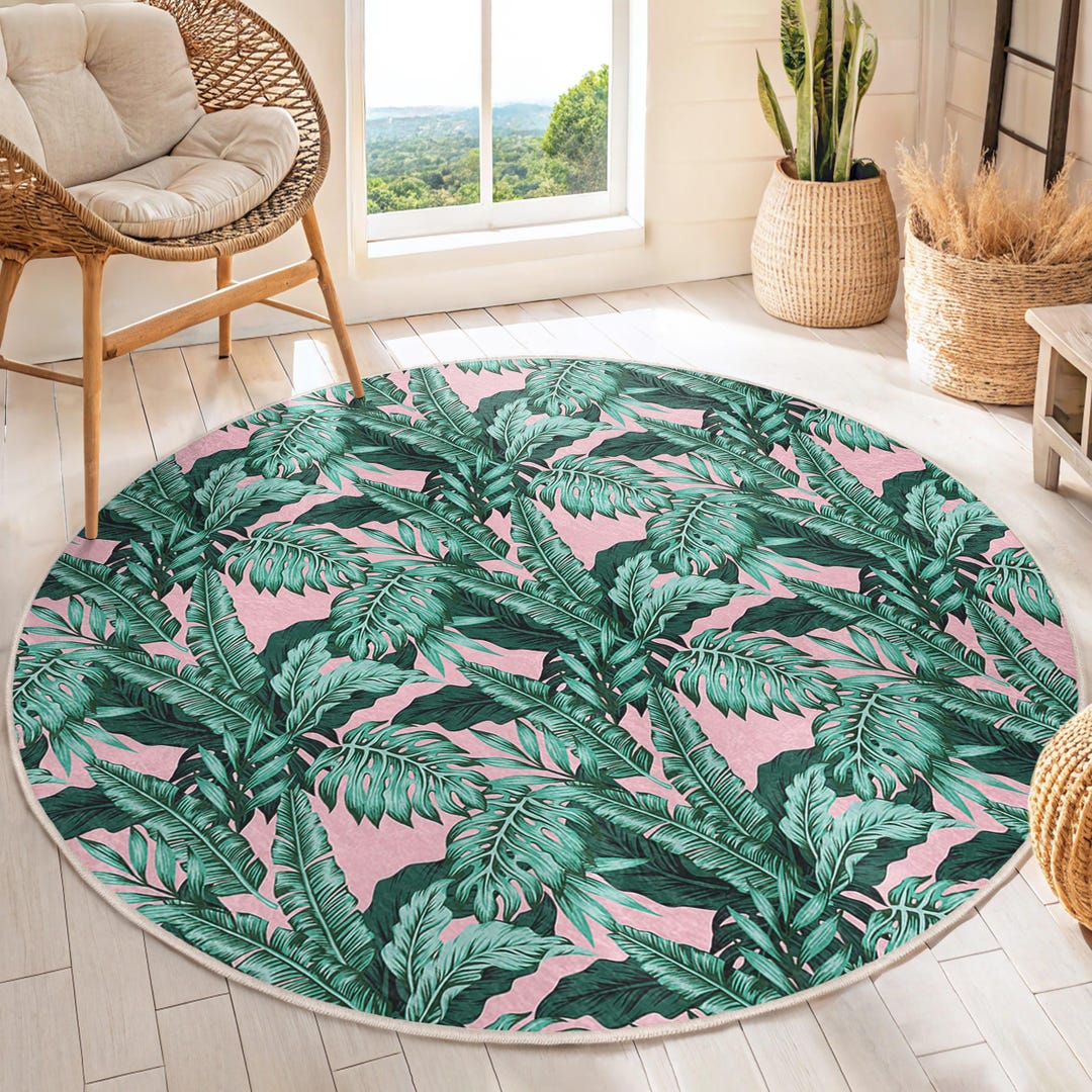 Tropical Leaf Pink Accent Round Rug - Palm Leaf Circle Carpet-green ...