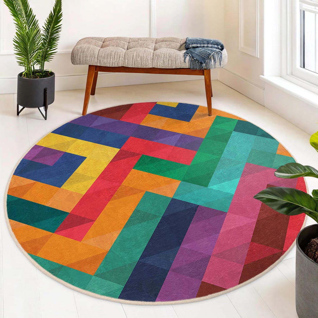 Colorful Geometric Art Round Rug -vibrant Triangular Pattern Circle ...