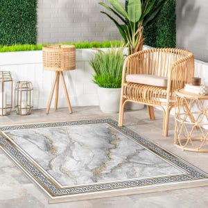 Marble Gold Vein Accent Rug - Greek Key Area Rug - Gray Framed Square Rug-Modern Non Slip Carpet-Eco Friendly Living Room Mat-Classic Carpet