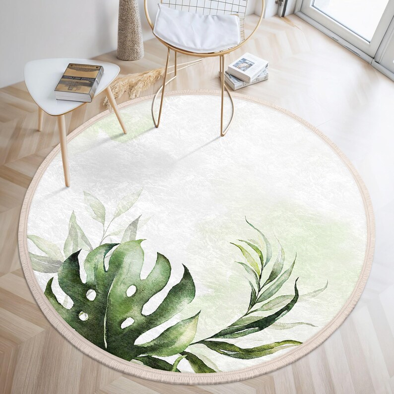 Personalizable Leaf Design Rug - Nature Inspired Mat - NonSlip Round Rug