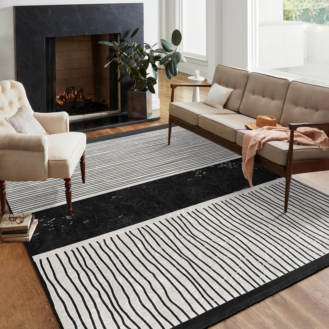 Monochrome Patterned Rug Monochrome Striped Modern Area Rug -black White Linear Accent Carpet ...