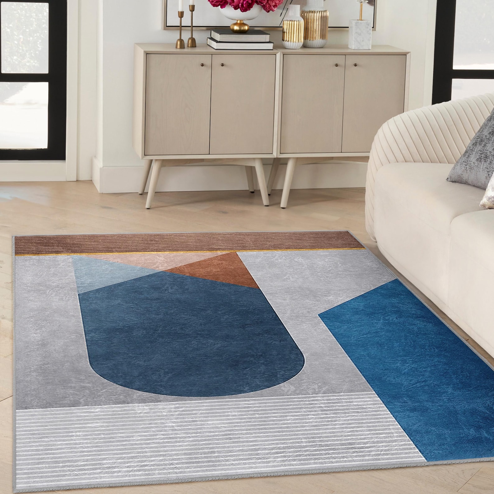 Contemporary Rug Blue Modern Geometric Shapes Area Rug - Blue Gray Abstract Mat ...