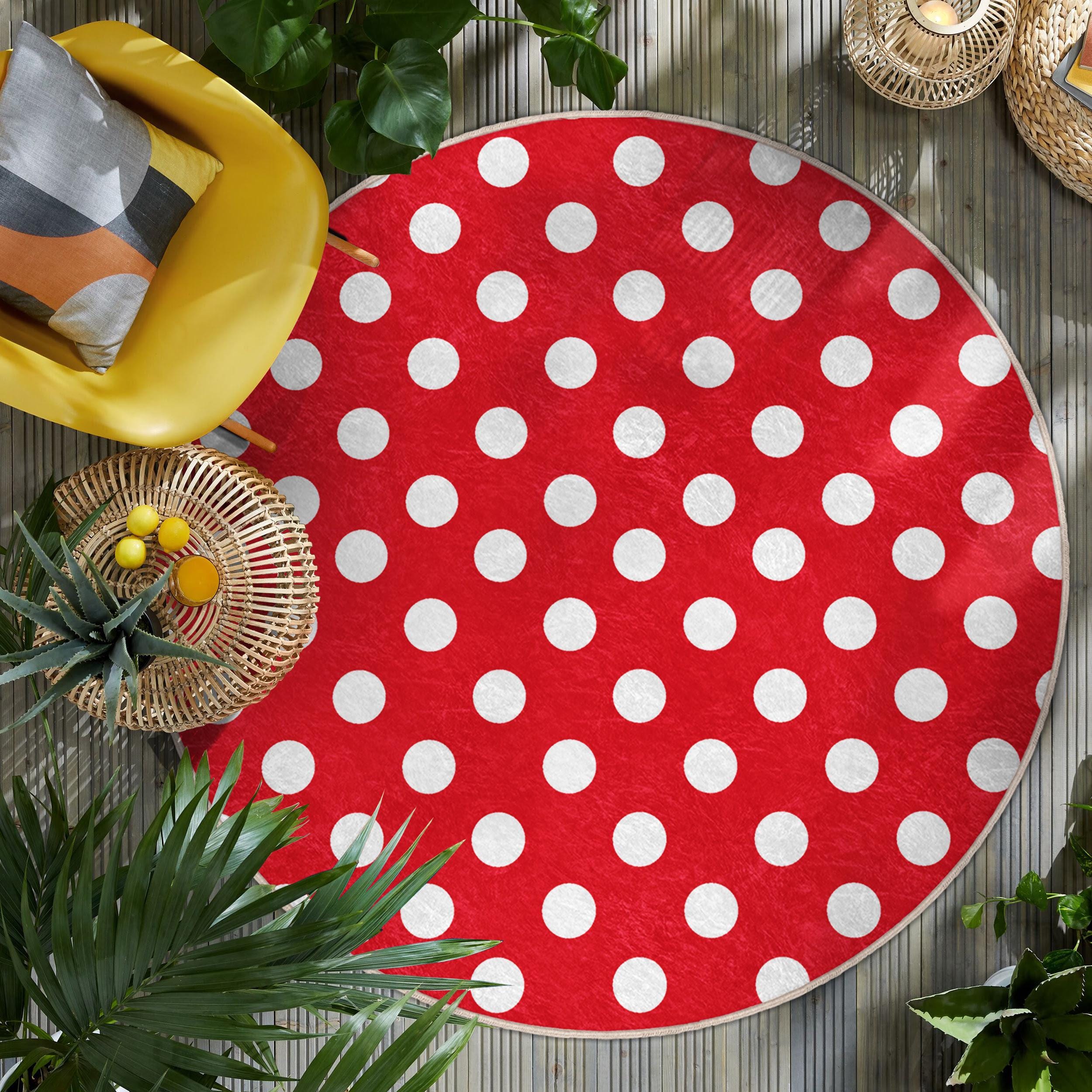 Red Polka Dot Pattern Round Rug - White Dot Vibrant Design Circle ...