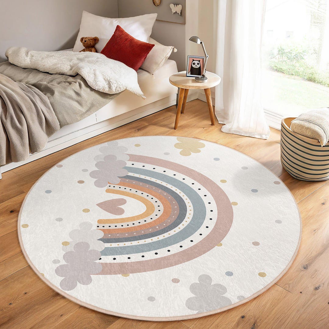 Rainbow Heart Kids Round Rug - Clouds Dots Pastel Circle Carpet