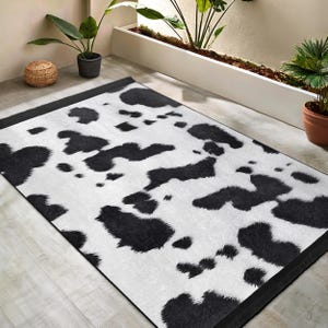 Cowhide Black White Area Rug -Spotted Modern Accent Carpet-Animal Print Mat-Farmhouse Style Rug-Washable Living Room Throw Rug-Runner Carpet