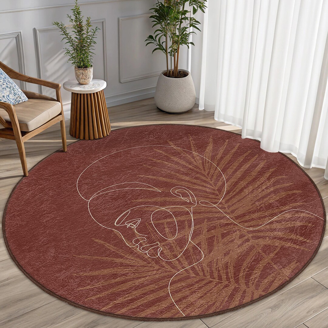 Abstract Line Art Burnt Red Round Rug-leaf Silhouette Circle Mat-boho ...