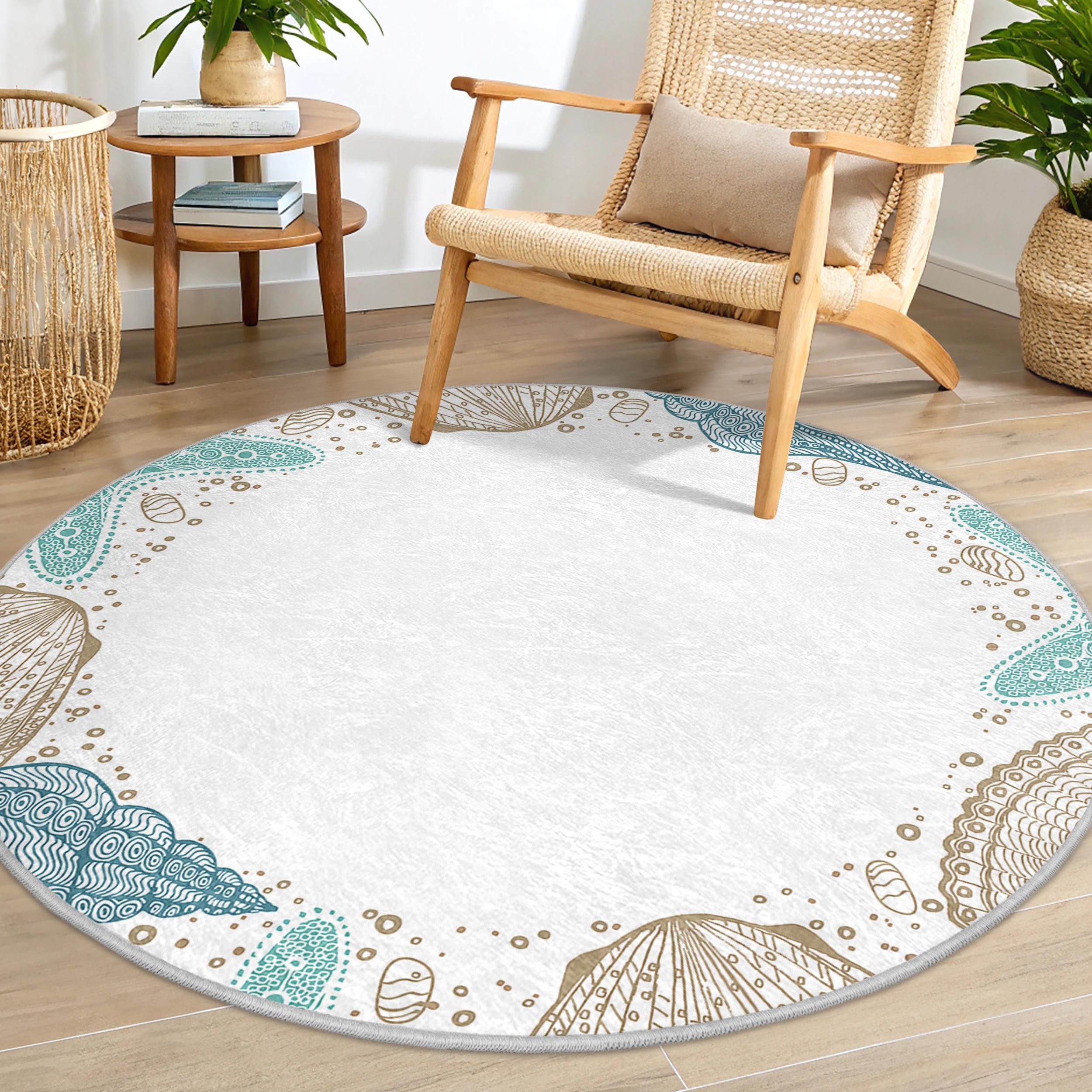 Abstract White Seashell Round Rug - Nautica Sellfish Design Circle
