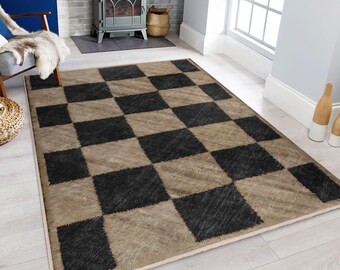 Checkered Beige Black Area Rug - Block Grid Accent Carpet - Classic Chessboard Mat - Modern Non Slip Square Rug - Black Living Room Carpet