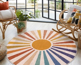 Radiant Sunburst Design Round Rug - Colorful Rays Circle Carpet - Sunshine Round Area Rug - Multicolor Accent Rug -Bohemian Vibes Circle Mat