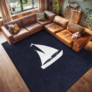 Accenttapijt nautisch zeilboot - zeildesign donkere oppervlaktemat - marineblauw zeilthematapijt - maritiem vloerkleed woonkamer - vierkant kustkleed