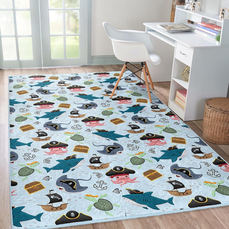 Personalizable Ocean Theme Rug - Kids Room Carpet - Colorful Rug Sharks