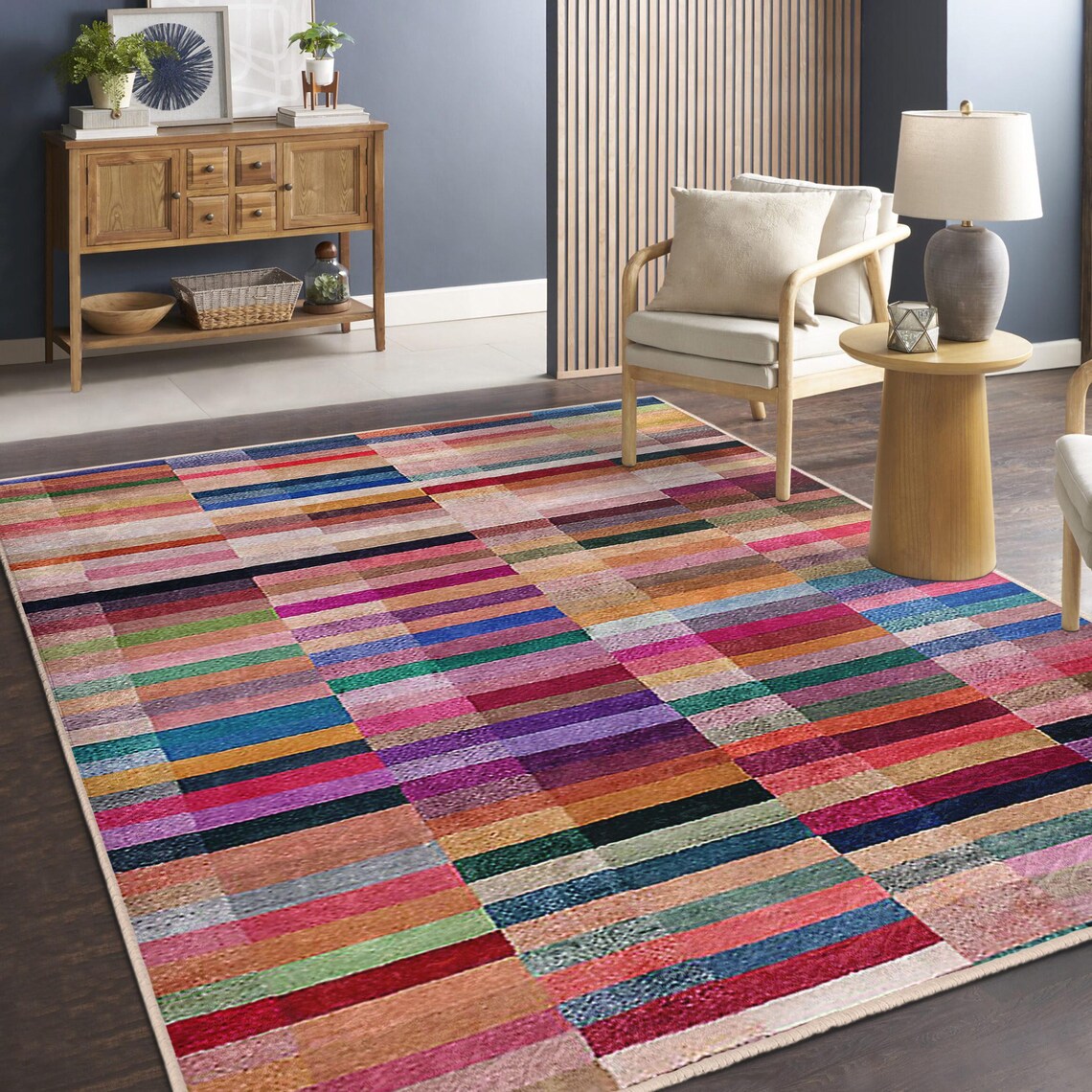 Colorful Stripes Area Rug - Vibrant Block Accent Carpet-multicolor Skid ...