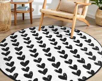 Heart Pattern Round Rug | Black and White Striped Living Room 