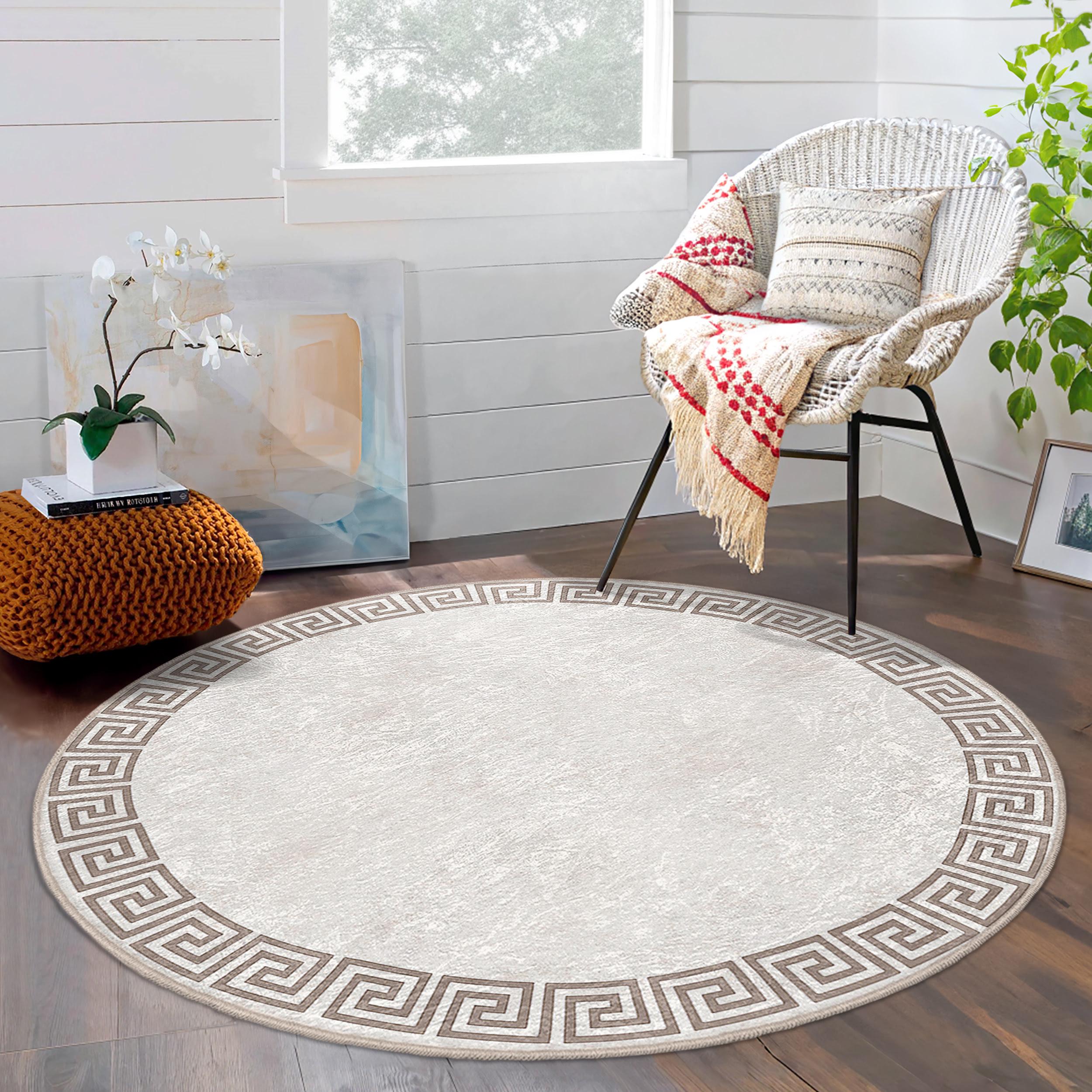 Classic Greek Key Border Round Rug -greek Key Beige Circle Mat