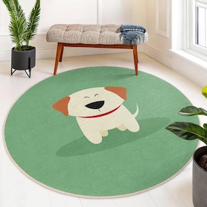 Tappeto rotondo con illustrazione di cucciolo carino - Tappetino circolare verde con cartone animato di cane - Tappeto decorativo per la cameretta dei bambini - Tappetino ovale con tema creativo di animali - Tappeto antiscivolo lavabile