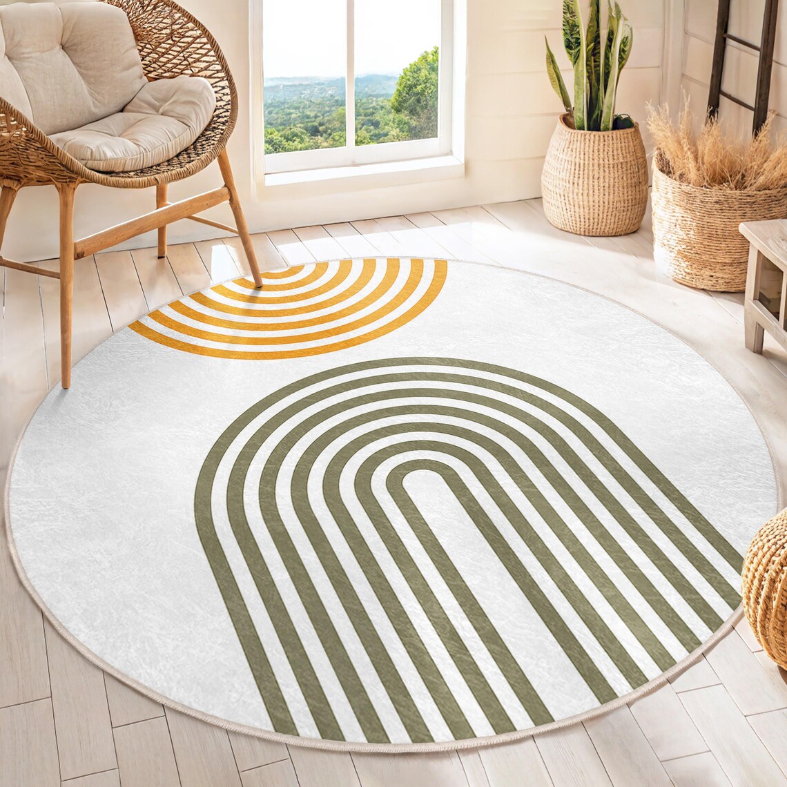 Geometric Arch Design Round Rug - Curved Line Pattern Circle Carpet ...
