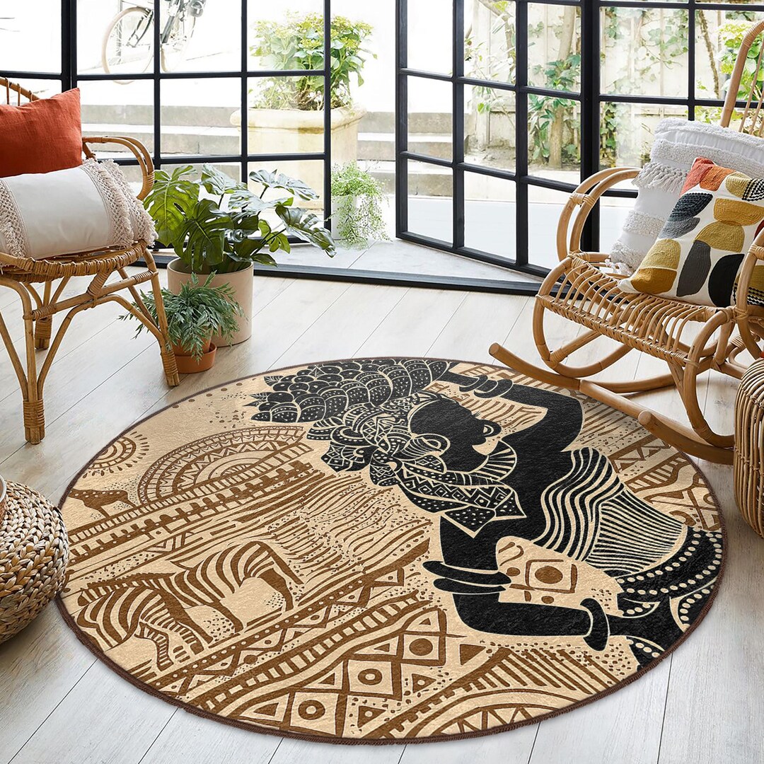 African Tribal Art Round Rug - Zebra Motif Pattern Circle Carpet ...