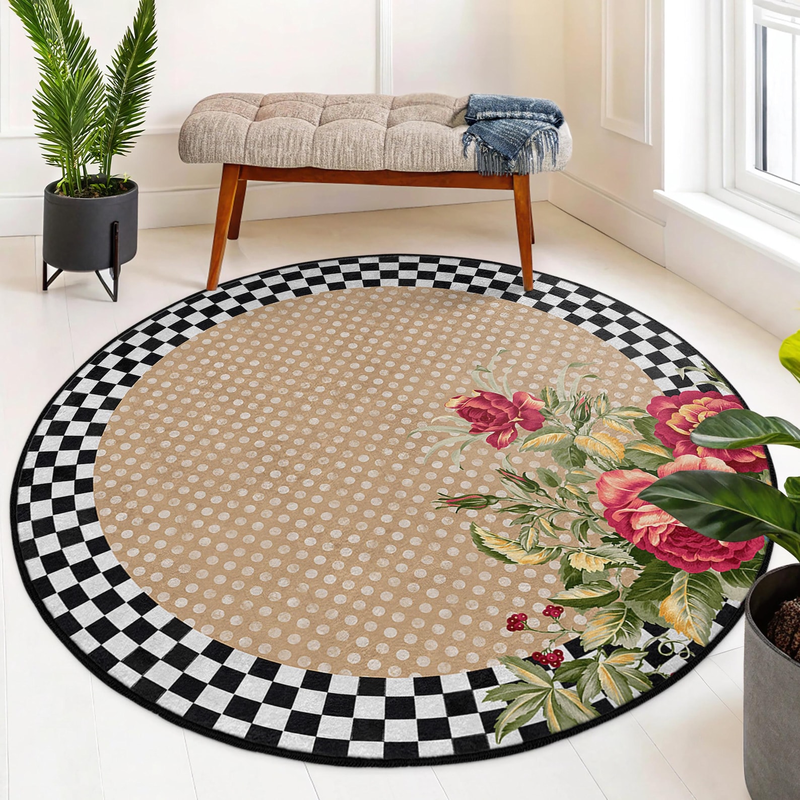 Checkered Floral Beige Round Rug -dotted Rose Pattern Circle Carpet ...