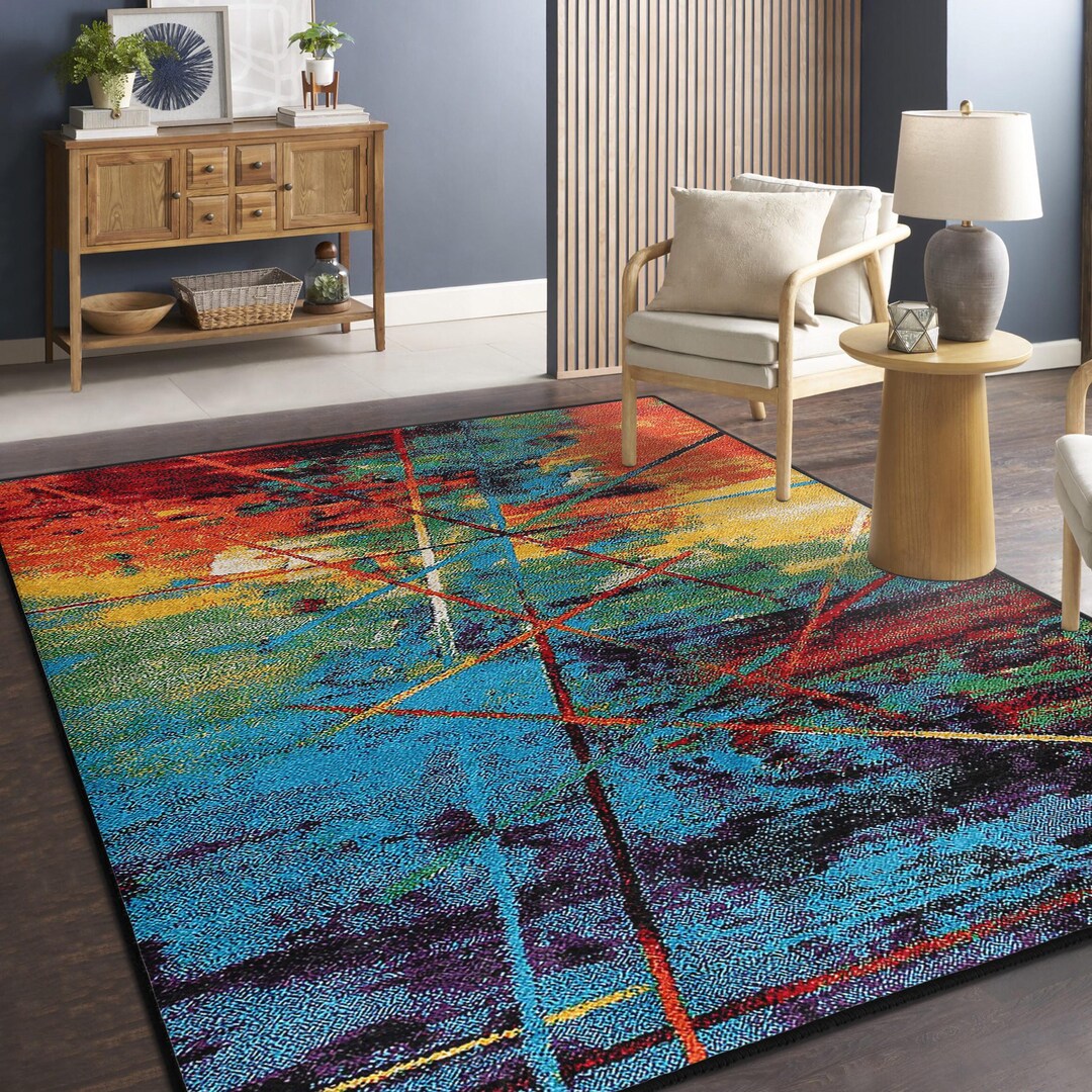Colorful Multi Abstract Rug Rainbow Abstract Art Area Rug - Geometric Crosshatch Accent Carpet ...