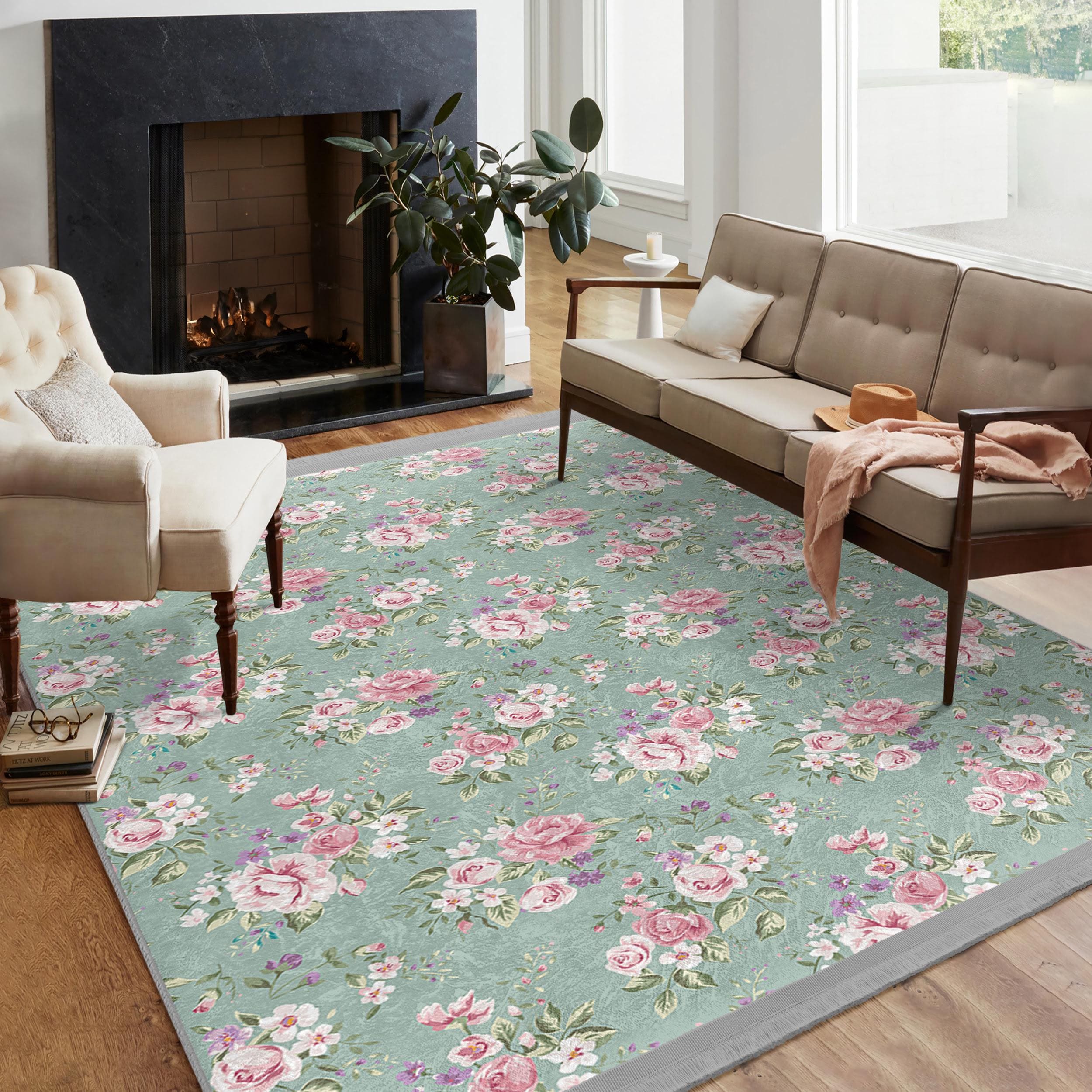 Floral Printed Shag Area Rug – Soft Plush Bath Mat, Green Plant Pattern, Square