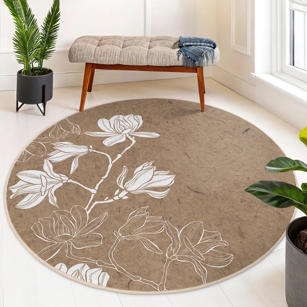 White Magnolia Floral Round Rug - Nature Inspired Flower Circle Mat ...