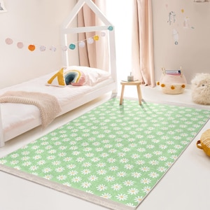 Tapis vert à motif marguerites - Tapis à imprimé floral marguerites - Tapis décoratif bohème - Tapis de chambre à coucher - Tapis pour chambre d&#39;enfant - Joli tapis antidérapant