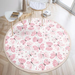 Pink Butterfly Design Round Rug - Whimsical Pastel Butterfly Pattern Round Carpet - Nursery Oval Mat - Accent Rug - Washable Circle Carpet