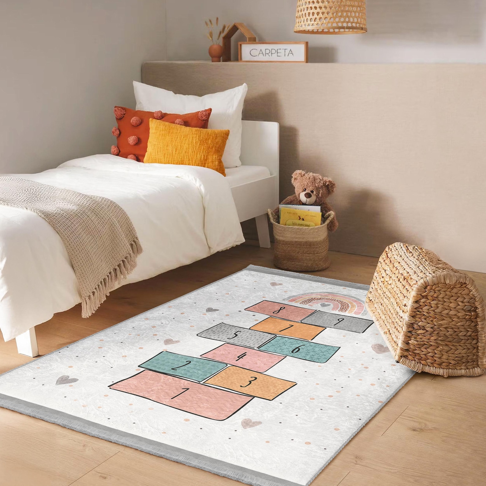 Hopscotch Nursery Play Rug - Colorful Geometric Squares Design Mat ...