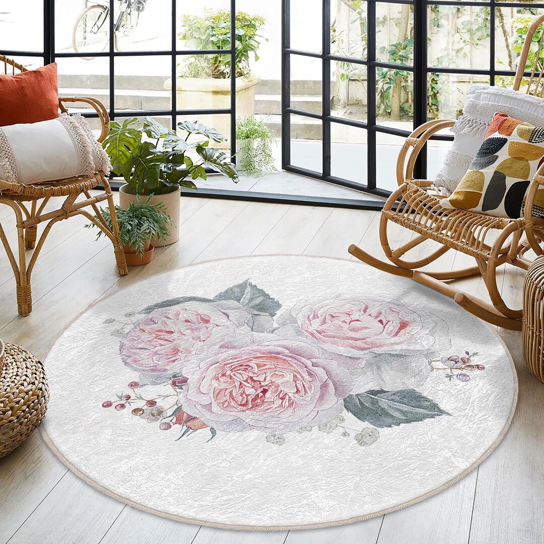 Romantic Floral Pattern Round Rug-vintage Rose Bouquet Design Circle ...