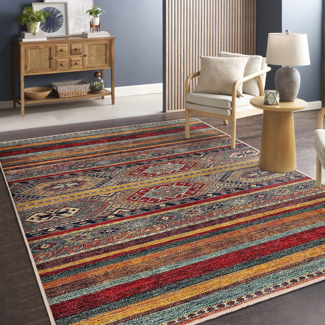 Striped Southwestern Area Rug - Geometric Tribal Accent Carpet - Ethnic ...