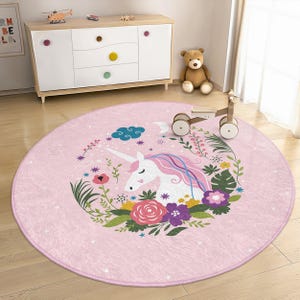 Rosa Einhorn Blumen Kinderzimmer Rund Teppich - Zauberhafter Pferdeblüten-Kreis Teppich - Verzauberte Garten Pastell-Kinderzimmer-Dekor-Märchen Spielzimmer Matte