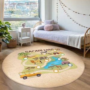 Safari Abenteuer Karte Kinderzimmer Rund Teppich -Dschungeltiere Safari Kreis Teppich-Explorer Pfade Spielzimmer Matte-Afrikanische Safari Lernkreis Matte