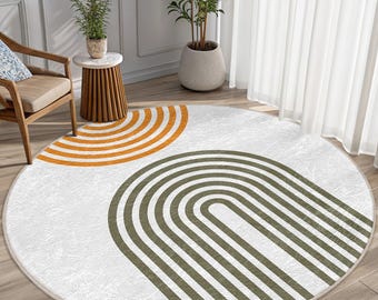Geometric Arch Design Round Rug - Curved Line Pattern Circle Carpet - Olive Tone Accent Rug - Futuristic Circle Mat - Modern Washable Rug