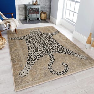 Elegant Leopard Print Area Rug - Wildlife Theme Square Mat -Animal Skin Anti-Slip Carpet-Cream Boho Decor Runner-Zen Aesthetic Accent Carpet