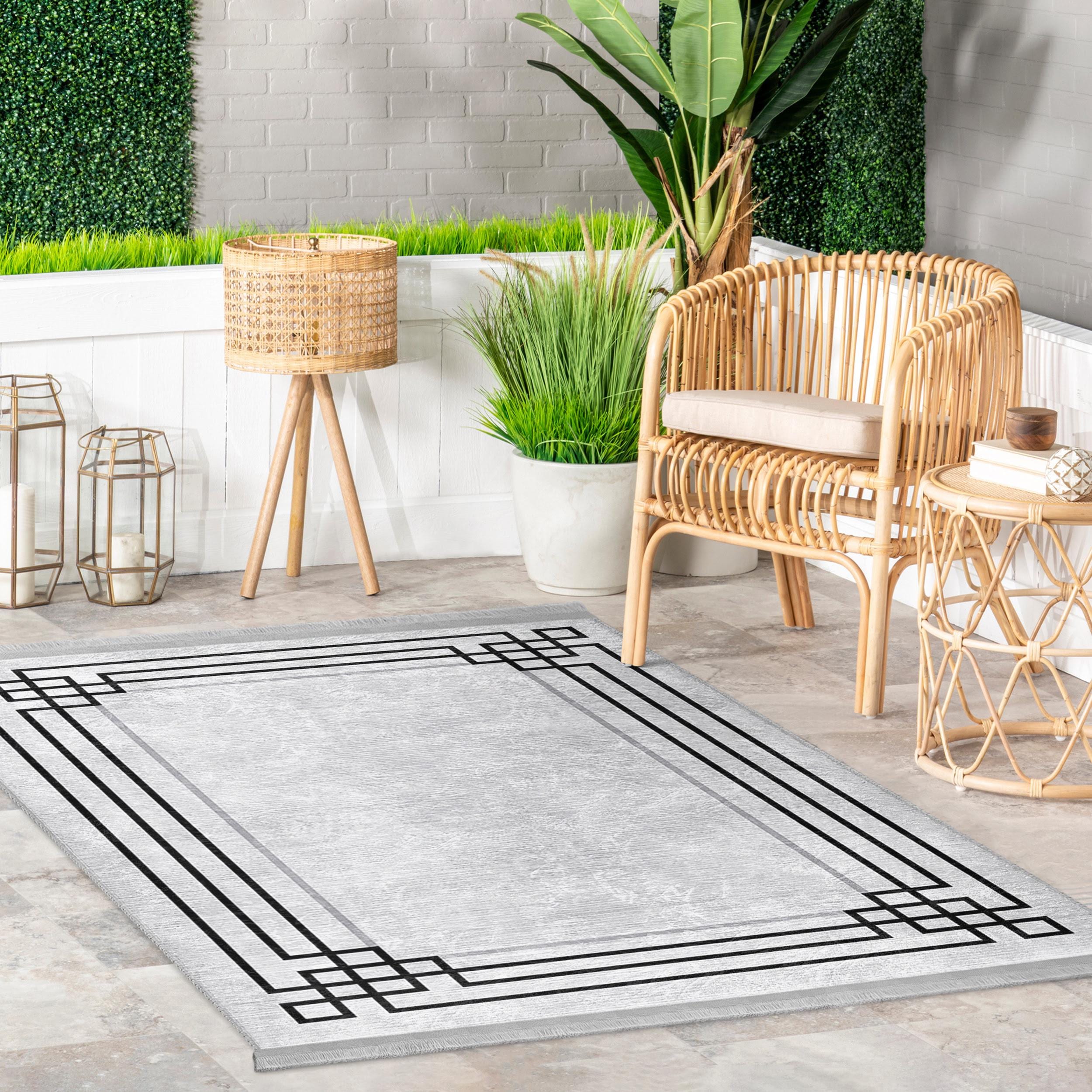 Modern Gray Bordered Area Rug - Intersecting Line Mat - Elegant